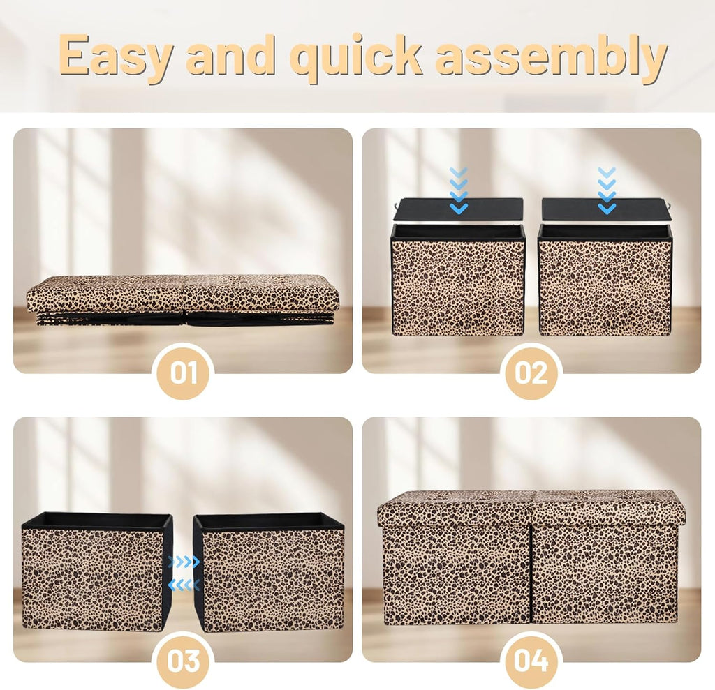 Bsketa Storage Ottoman Bench with Folding Lid Ⅲ, Foot Stools Opens on Both Ends, Footrest Foldable Velvet Chest for Living Room, Bedroom, Entryway, End of Bed Storage Blanket Ottomans Leopard Print
