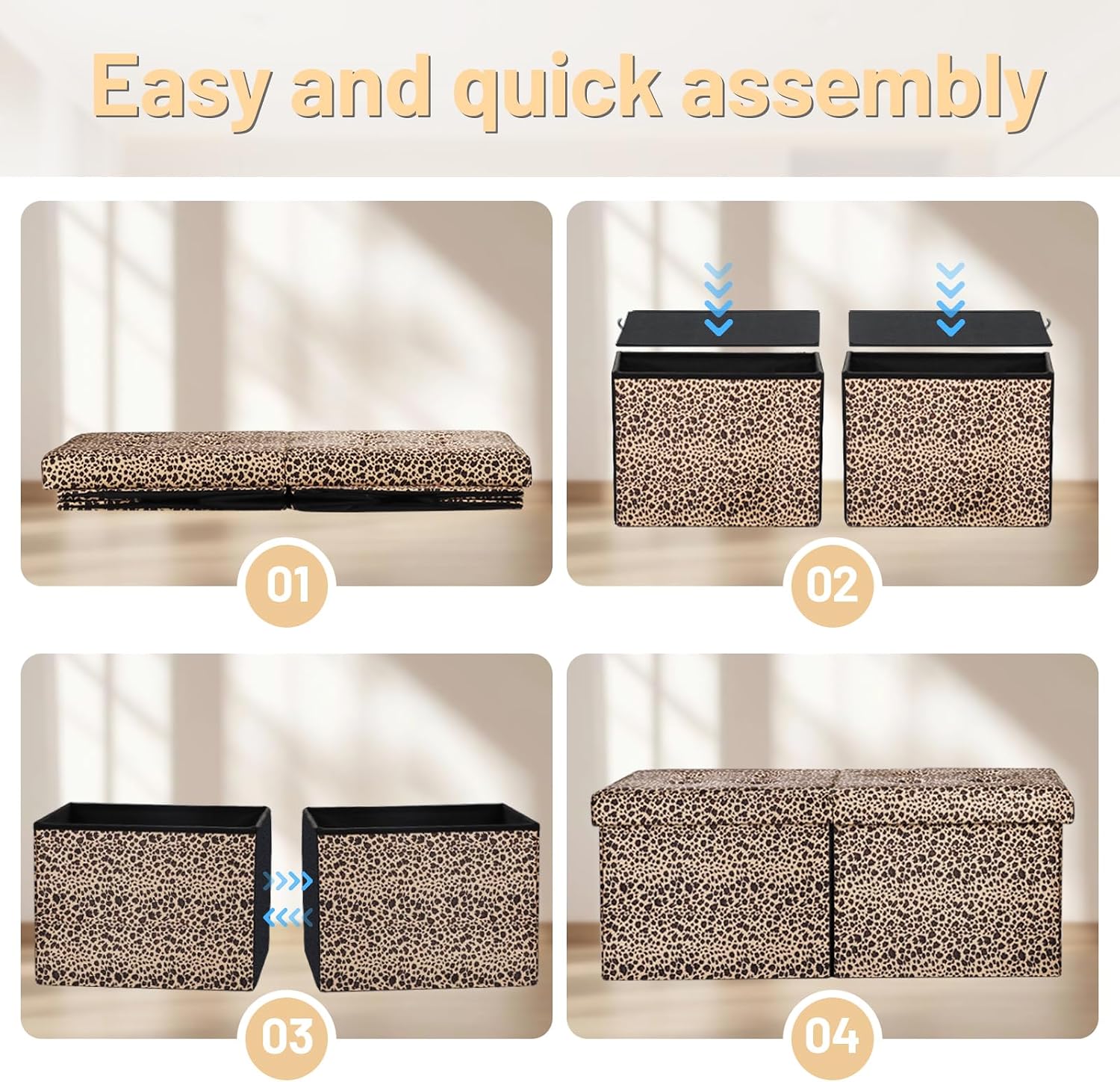 Bsketa Storage Ottoman Bench with Folding Lid Ⅲ, Foot Stools Opens on Both Ends, Footrest Foldable Velvet Chest for Living Room, Bedroom, Entryway, End of Bed Storage Blanket Ottomans Leopard Print