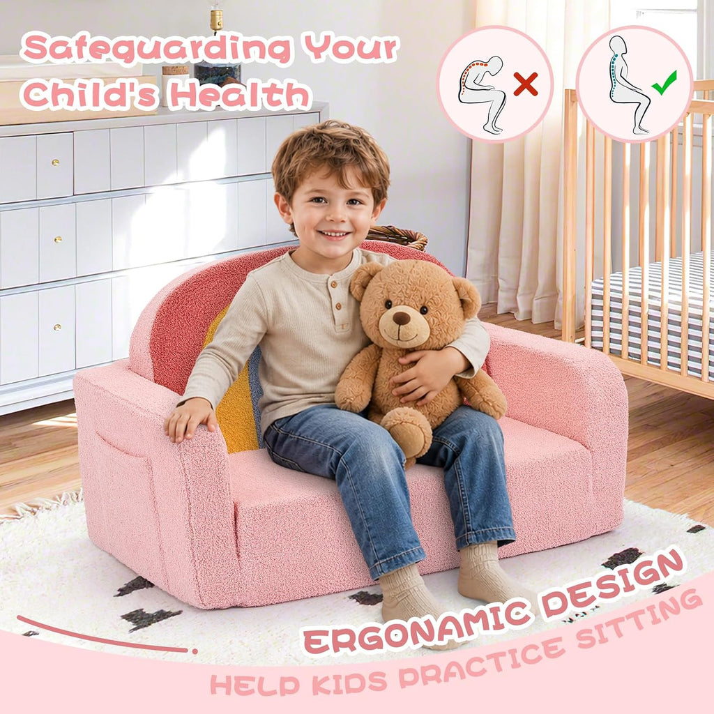 Foryoomi Extra Wide Kids Couch, 2-in-1 Soft Toddler Couch with Blanket, Comfy Toddler Chair, Convertible Sofa with Cute Colorful Rainbow Design, Pink