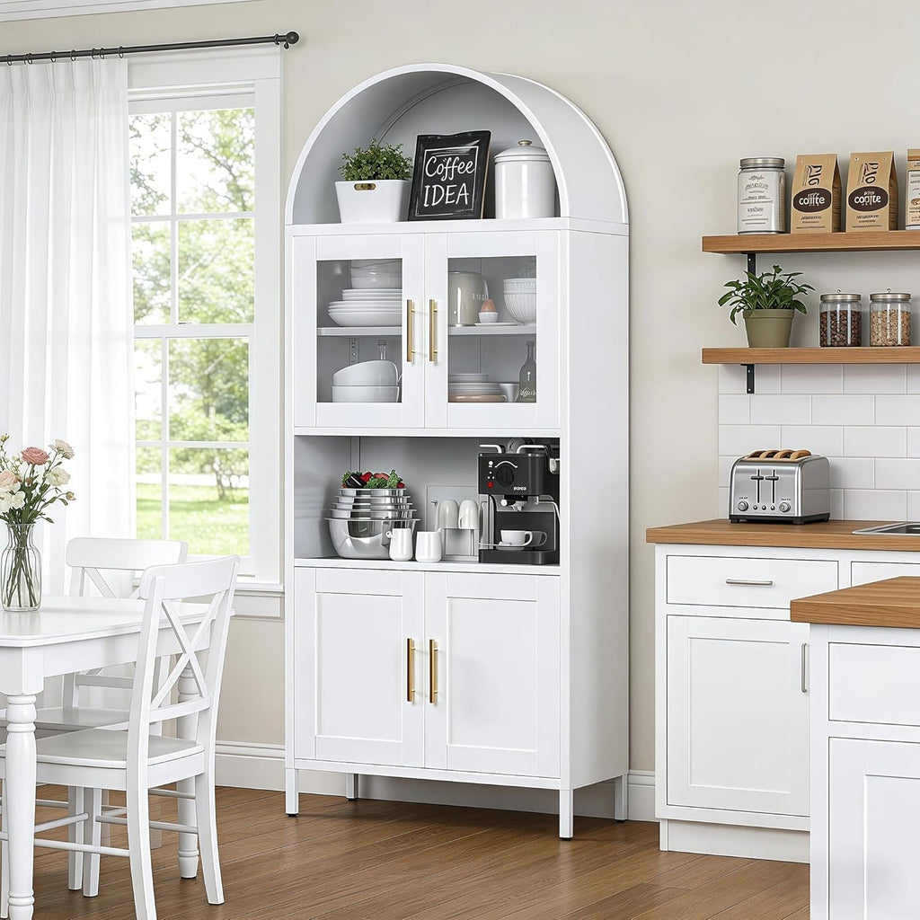 VEXPOR 73" Tall Arched Kitchen Pantry Cabinet with Doors, Metal Hutch Cabinet for Kitchen, Dining Room, Living Room, Assembly Required, White