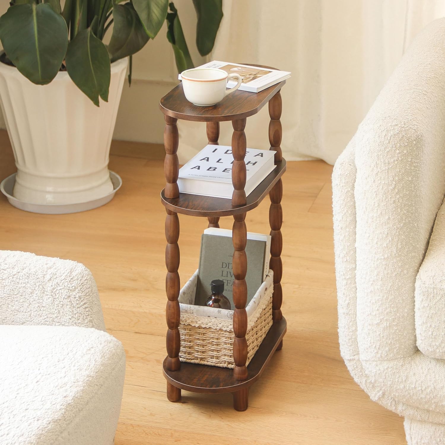 MaxSmeo Narrow Side Table Set of 2, 3-Tier Narrow End Table Living Room Set of 2 with Storage, Skinny Side Table Nightstand for Small Space, Bedrooms, Living Room (Rustic Brown)