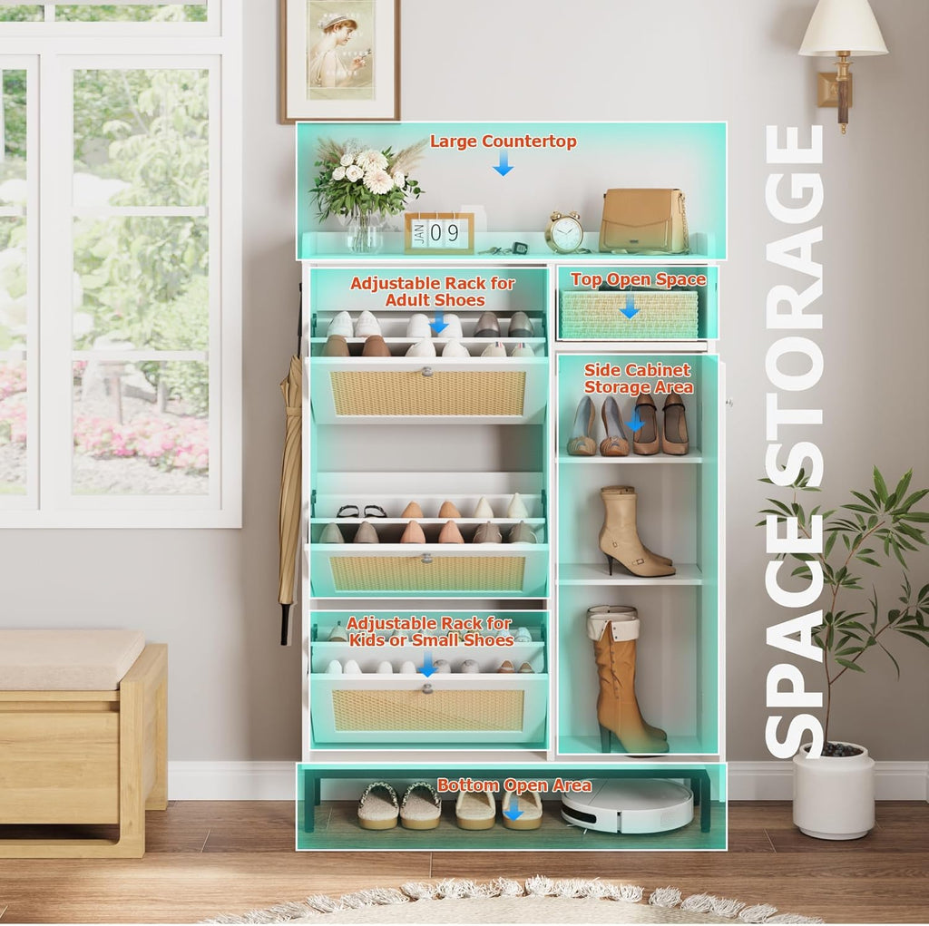 GarveeHome Shoe Cabinet Rattan with 3 Flip Drawers and 4-Tier Shoe Storage Cabinet, Freestanding Shoe Organizer with Adjustable Shelves for Entryway, Closet, Hallway (White)