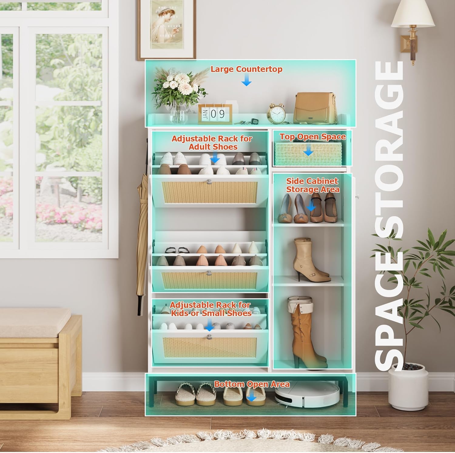 GarveeHome Shoe Cabinet Rattan with 3 Flip Drawers and 4-Tier Shoe Storage Cabinet, Freestanding Shoe Organizer with Adjustable Shelves for Entryway, Closet, Hallway (White)