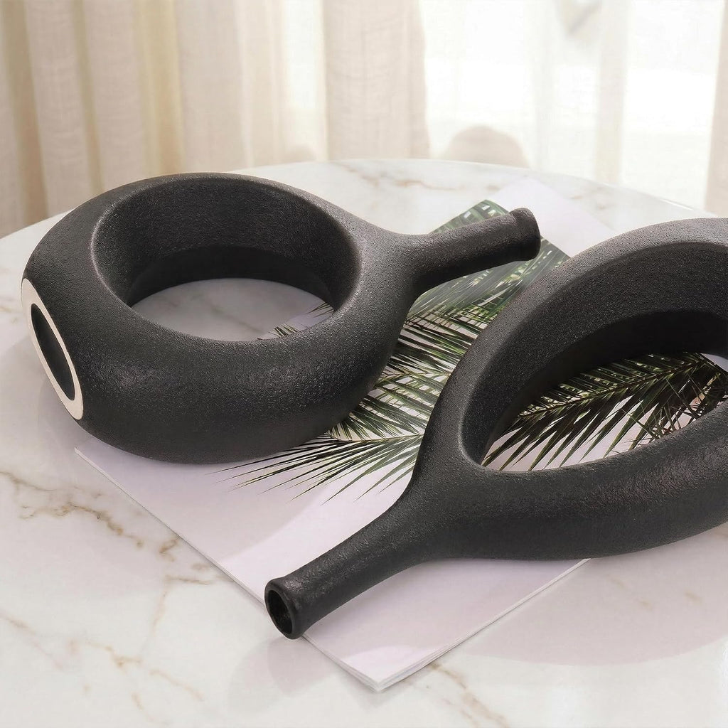 Black Ceramic Hollow Elliptical Vase Set of 2 - Boho Circle Vase with Hole, for Modern Black Table Decor, Living Room Decor Shelf mid Century Modern Home Entrance Decorative vase