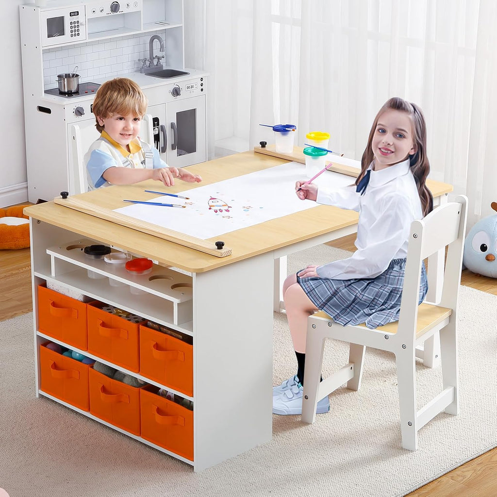 Garvee 4 in 1 Kids Art Table and Chair Set, Toddler Craft Table with Large Storage Drawers & Portable Art Organizer, Wooden Drawing Desk for Children, Activity Desk, Home Study Table & Toy Station