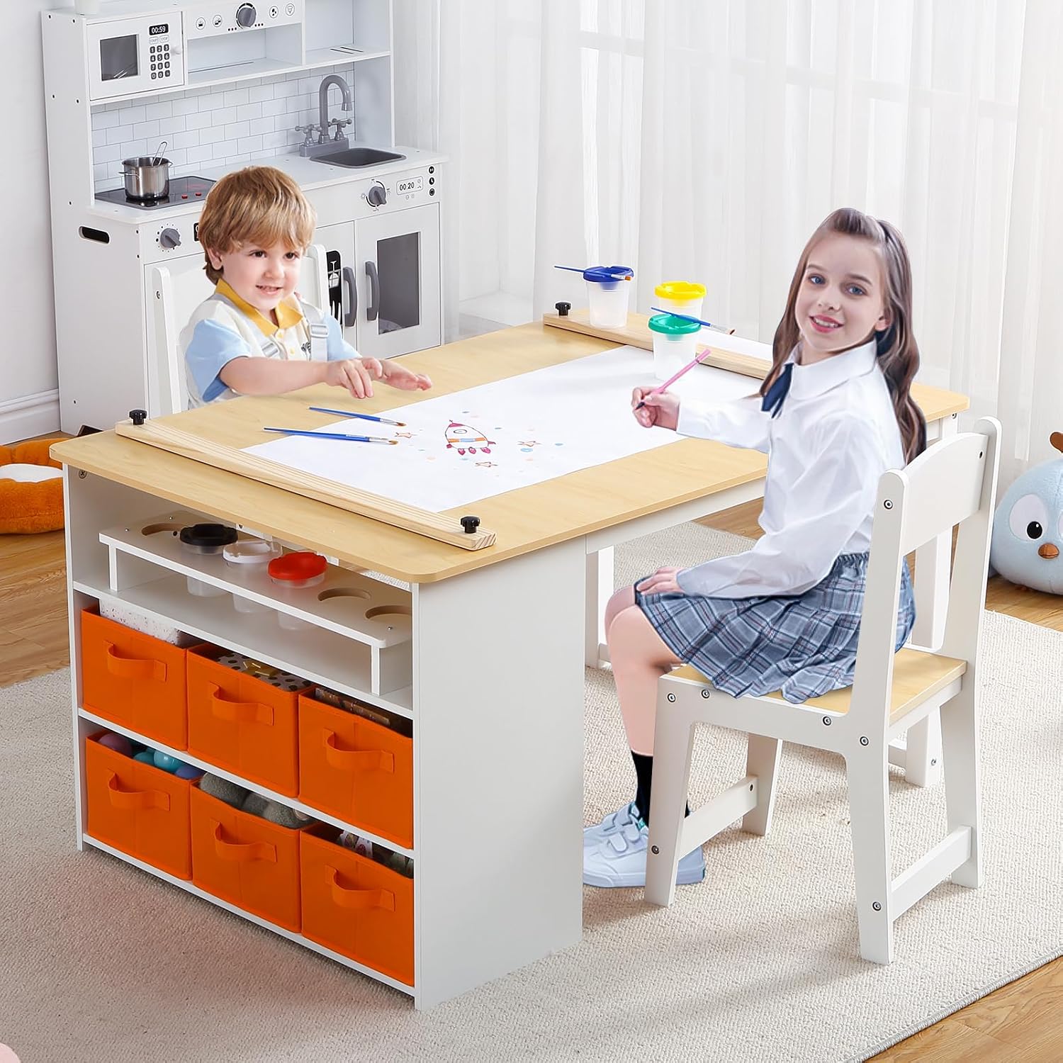 Garvee 4 in 1 Kids Art Table and Chair Set, Toddler Craft Table with Large Storage Drawers & Portable Art Organizer, Wooden Drawing Desk for Children, Activity Desk, Home Study Table & Toy Station