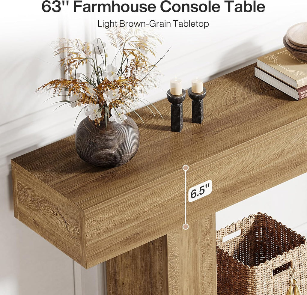 Tribesigns 63" Console Table, Farmhouse 2-Tier Entryway Table with U-Shaped Base, Narrow Long Wood Sofa Table Behind Couch Table for Living Room, Hallway, Foyer, Light Brown