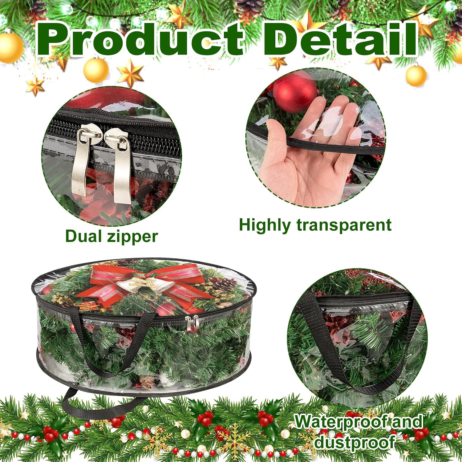 MUXHEL 5 Pcs Christmas Wreath Storage Bags, 24" Dia Round Wreath Storage Containers, Clear, Tear Resistant, Black