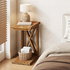 LITTLE TREE Solid Wood End Table, 2-Tier C Shaped Side Table with Open Storage Shelf, Solid Wood Sofa Side Table Accent Table for Living Room, Simple Nightstand Bedside Table for Bedroom, Brown