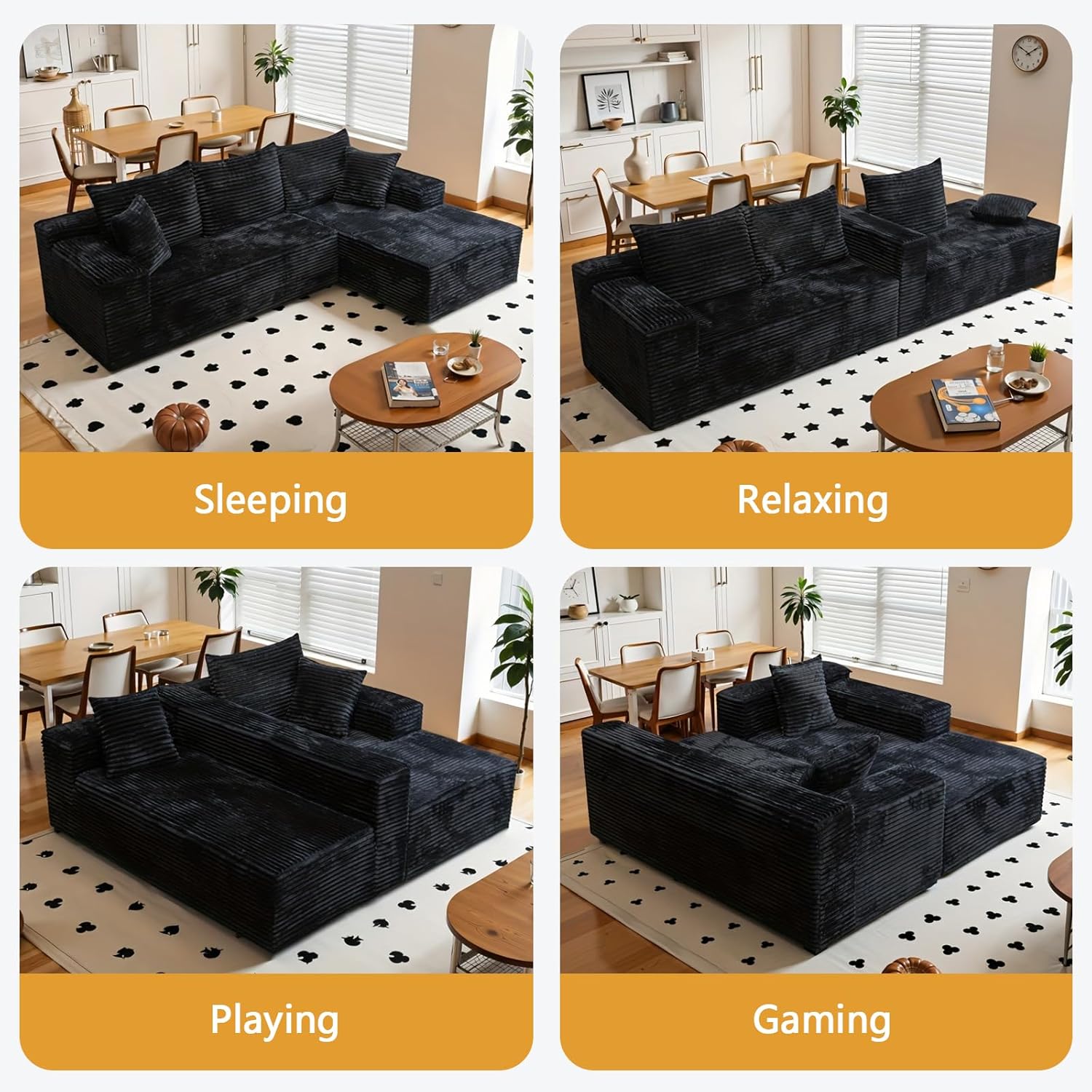 Modular Boneless L Shaped Sectional Couch, Cloud Style Sofa with Deep Seat Cushions, Sofa for Living Room and Apartment, Easy Assembly Couch in a Box (Black, 96" L Shape with Right Facing Chaise)