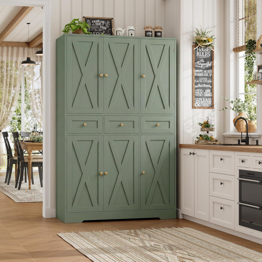 HOSTACK Modern Farmhouse Kitchen Pantry Storage Cabinet, 67" H Kitchen Pantry Cabinet with Barn Doors and Shelves, Freestanding Food Storage Cabinets with Drawers for Dining Room, Living Room, Green