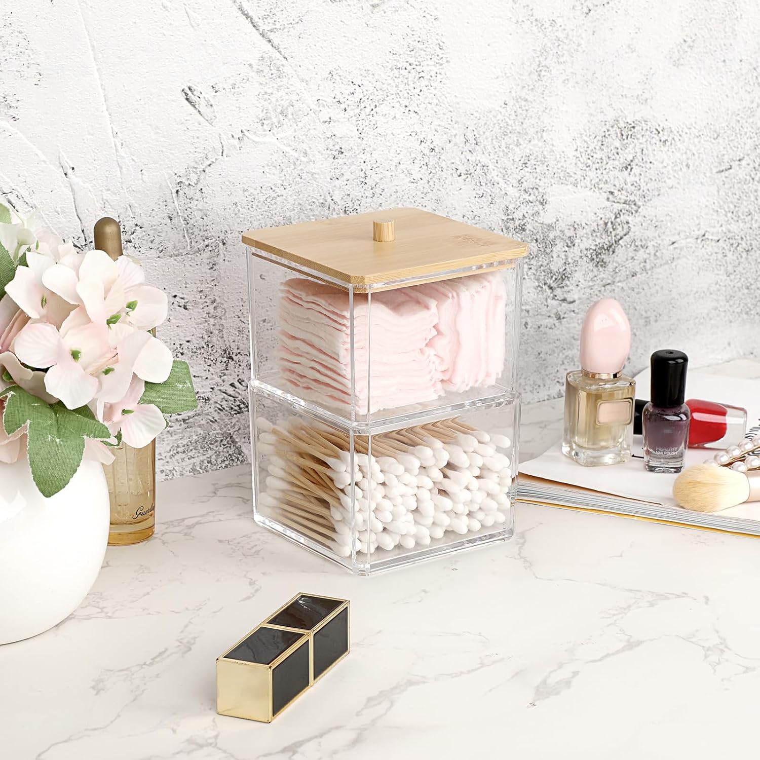 BTSKY Clear Stackable Paper Clip Holder with Bamboo Lid 2-Layer Paperclip Box Thick Acrylic Office Supply Accessory Organizer Square Small Storage Holder Cute Qtip Holder for Office Bathroom Vanity