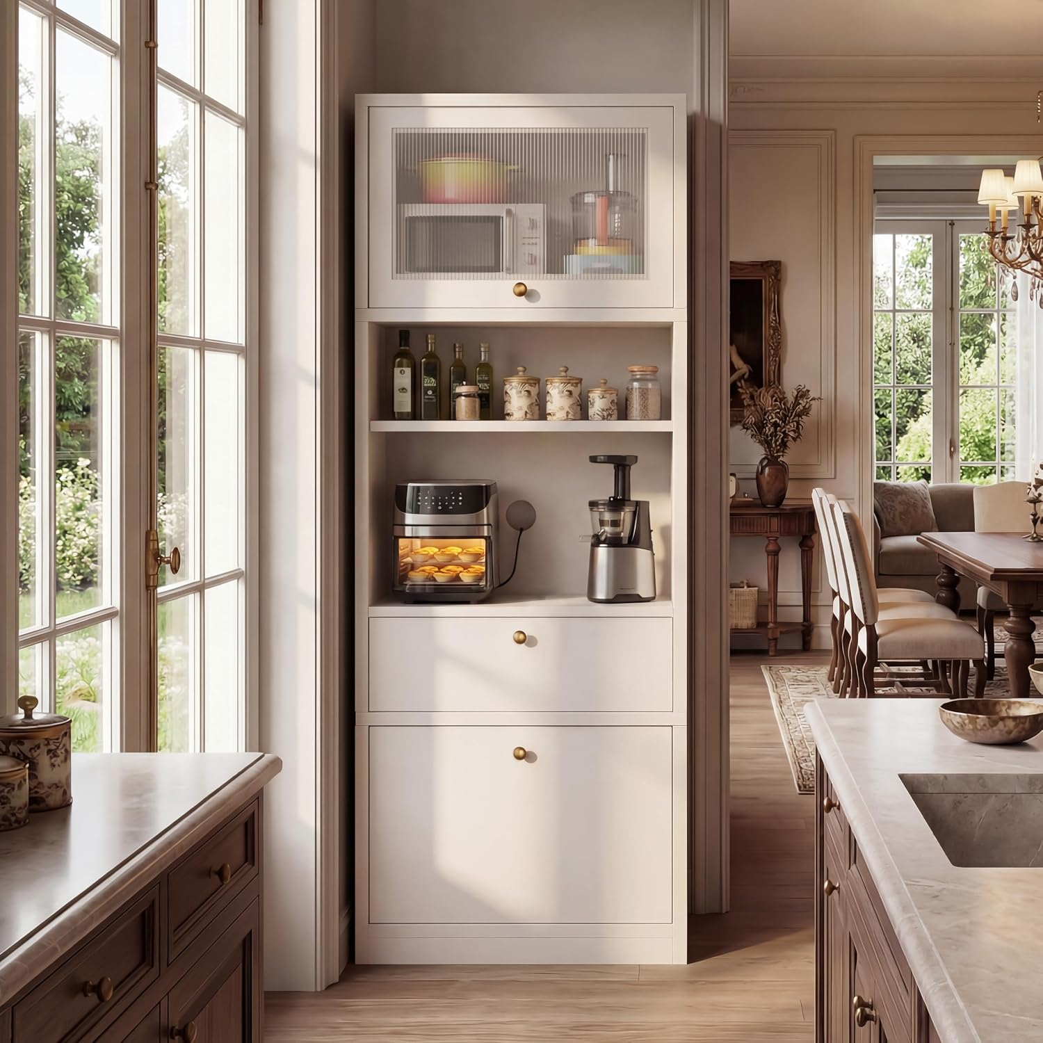 Freestanding Tall Pantry Cabinet with Adjustable Shelves & Drawer – E1-Grade Wood Storage Solution for Kitchen, Bathroom, Laundry Room