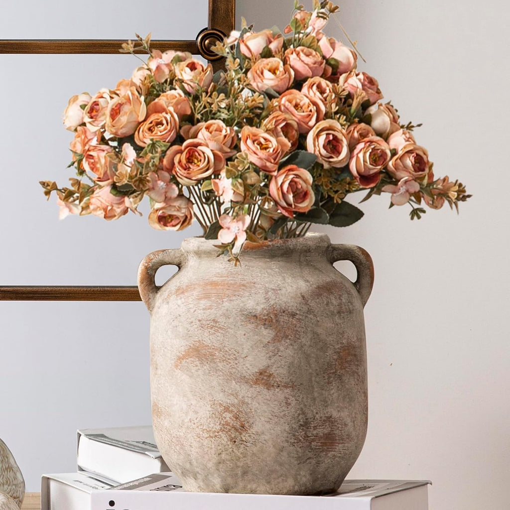 Ceramic Flower Vase Home Decor - 7.6 Inch Farmhouse Rustic Table Vases with Handle Living Room Decoration Decorative Vintage Pottery for Kitchen Shelf Coffee Dining Bookshelf Fireplace Centerpiece