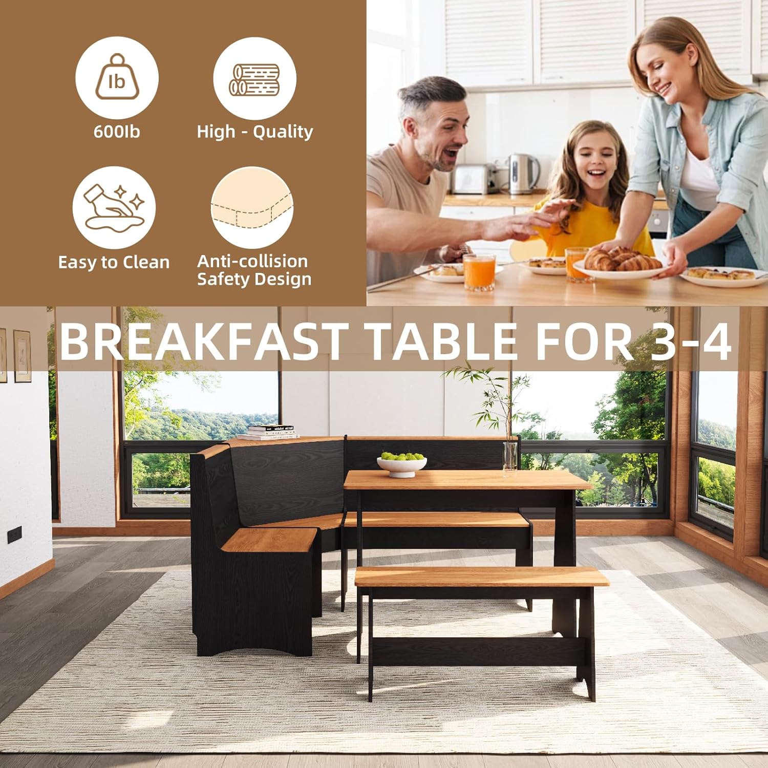 Farmhouse Breakfast Nook Table Set, Dining Nook Set with Corner Bench,with Storage Function Mid Century Modern Small Dining Table Set, Kitchen Table Corner Set (Black + Natural)