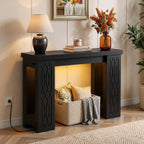 Cyclysio 39" Farmhouse Console Table with Charging Station, Entryway Table with Colorful LED Lights, Wooden Sofa Table with Unique Carved Design, Foyer Accent Table for Entrance, Hallway, Living Room