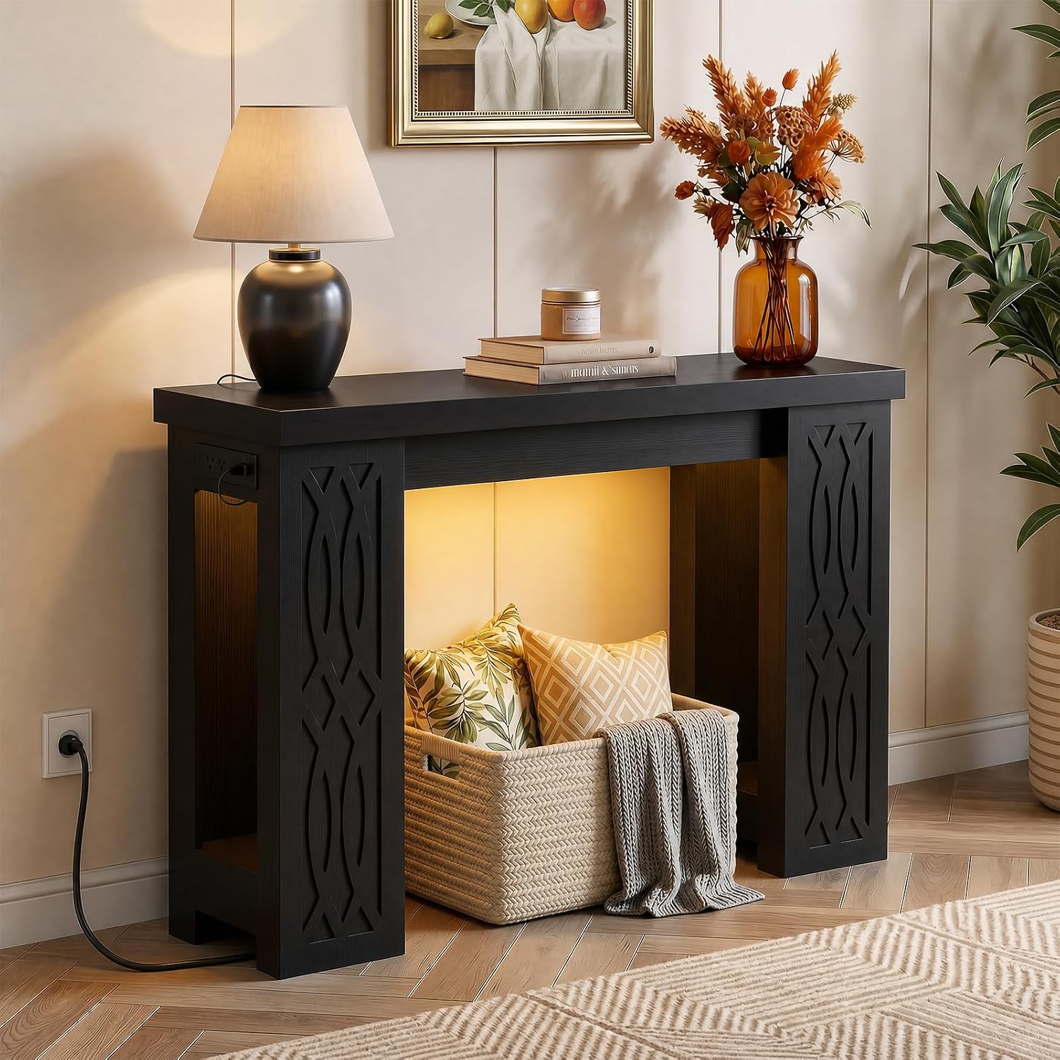 Cyclysio 39" Farmhouse Console Table with Charging Station, Entryway Table with Colorful LED Lights, Wooden Sofa Table with Unique Carved Design, Foyer Accent Table for Entrance, Hallway, Living Room