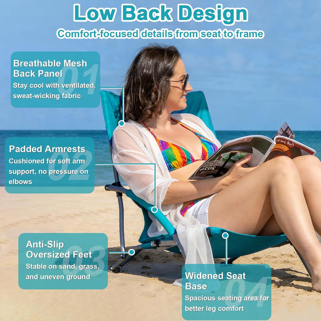 Romswi 2 Pack Lightweight Low Beach Chairs with Breathable Mesh Back,6LBS Folding Portable Sand Chairs with Cup Holder, Heavy Duty 300lbs Capacity for Camping & Outdoor Use,Green