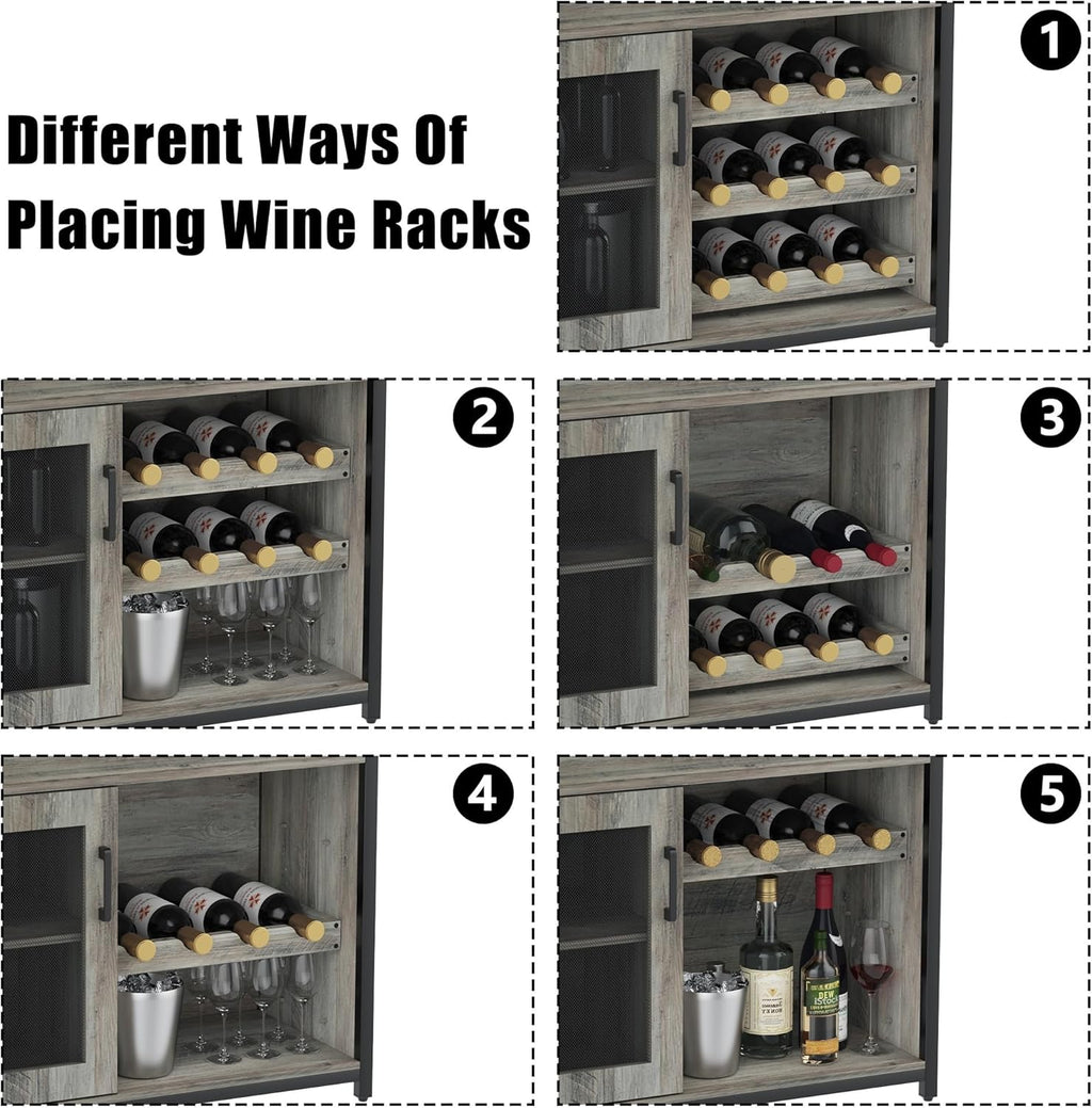 Amyove Wine Bar Rack Cabinet with Detachable Wine Rack, Bar Rack with Glass Holder, Small Sideboard and Buffet Cabinet with Mesh Door, Grey