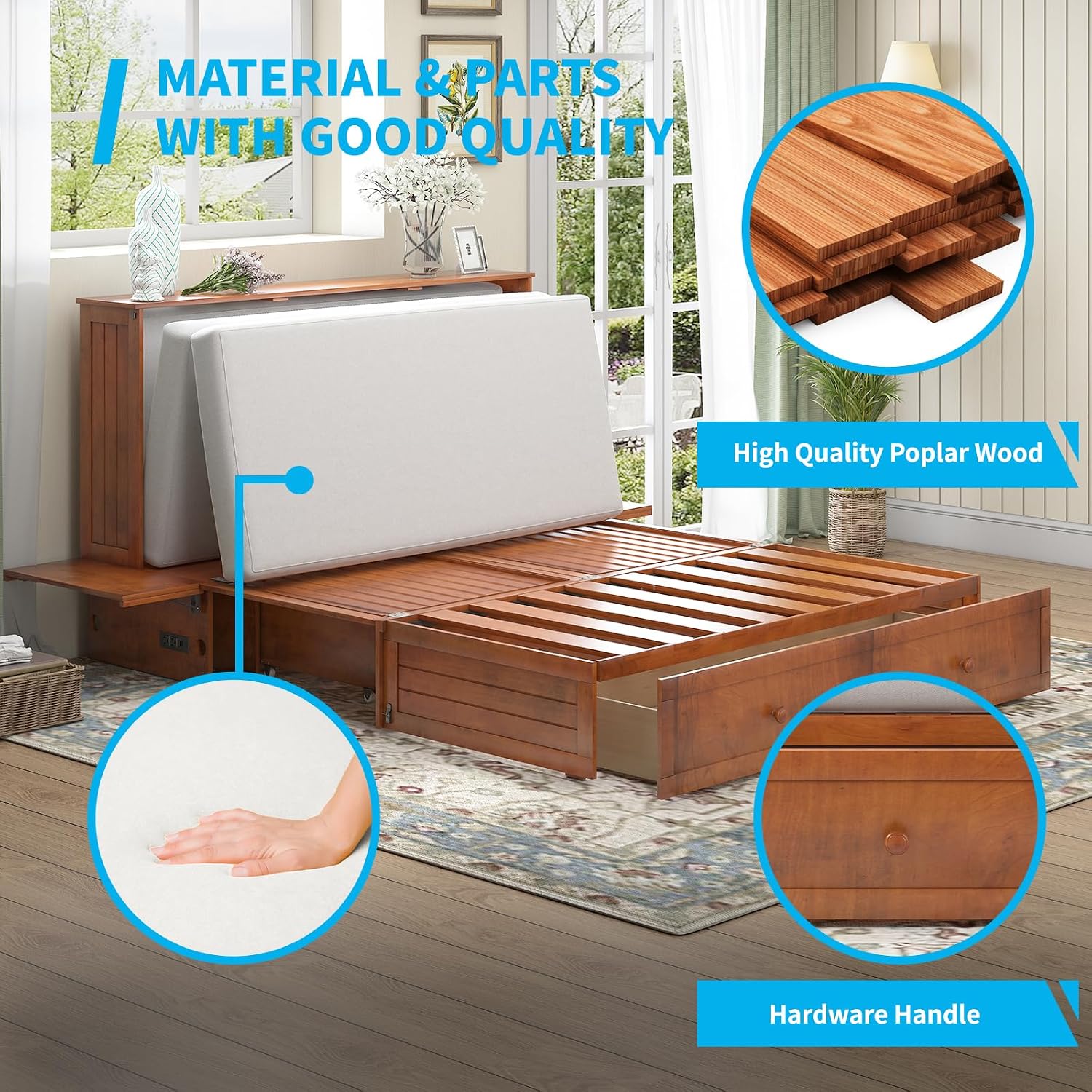 Mjkone Queen Size Murphy Cabinet Bed with Mattress Include, Queen Murphy Bed with Large Storage Drawer, Cabinet Cube Chest Beds with Built-in USB Charging Station for Bedroom Guest Room Stuido(Cherry)