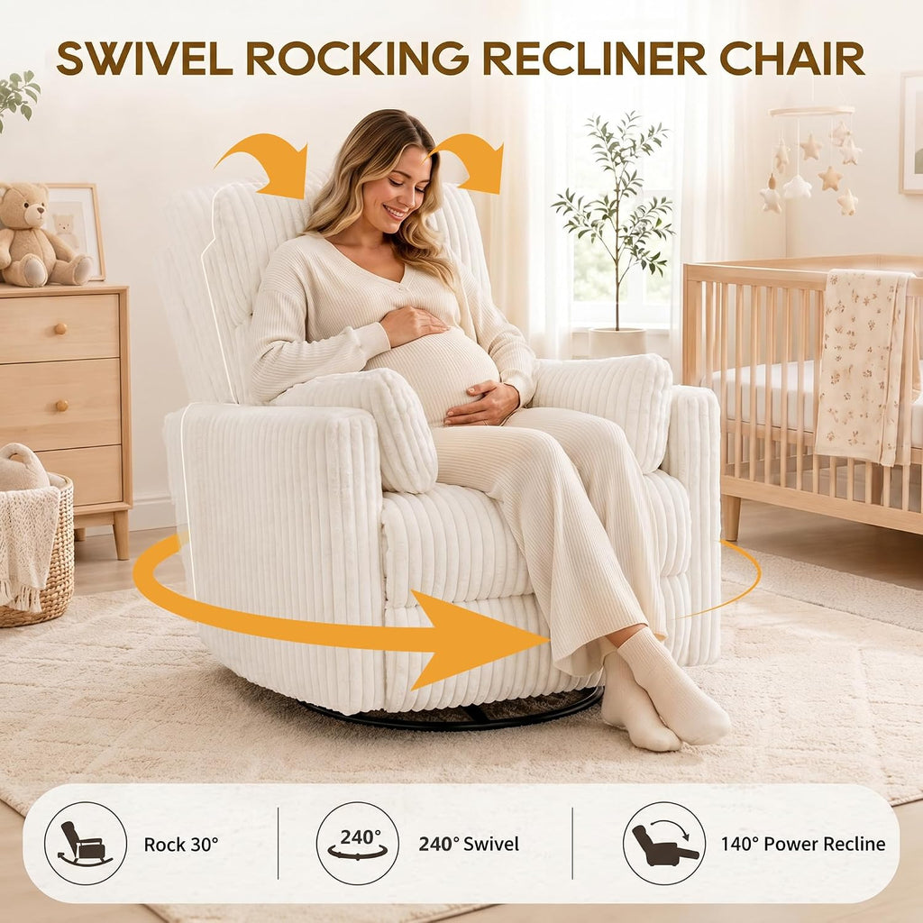 IPKIG Power Swivel Recliner Nursery Rocking Glider Chairs, Corduroy, Beige | LED Light, USB & Type-C Ports, and Cup Holder – Electric Rocking Reclining Chair for Baby Nursing, Living Room, and Bedroom