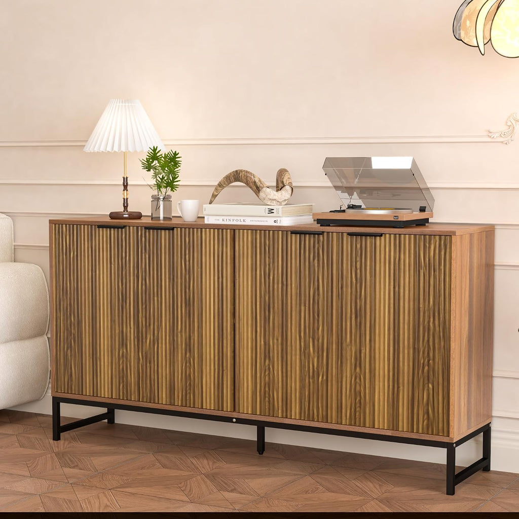 Fiogmub Fluted Accent Storage Cabinet, Kitchen Sideboard Buffet with 4 Fluted Doors, Adjustable Shelves for Living Room, Dining Room, Hallway (Walnut)