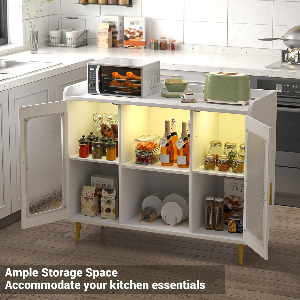 iSunirm Wine Bar Cabinet with Power Outlet, Liquor Cabinet Bar with LED Light and Glass Holder, Home Coffee Bar Cabinet, Buffet Sideboard with Storage Shelf for Kitchen, Dining Room, White