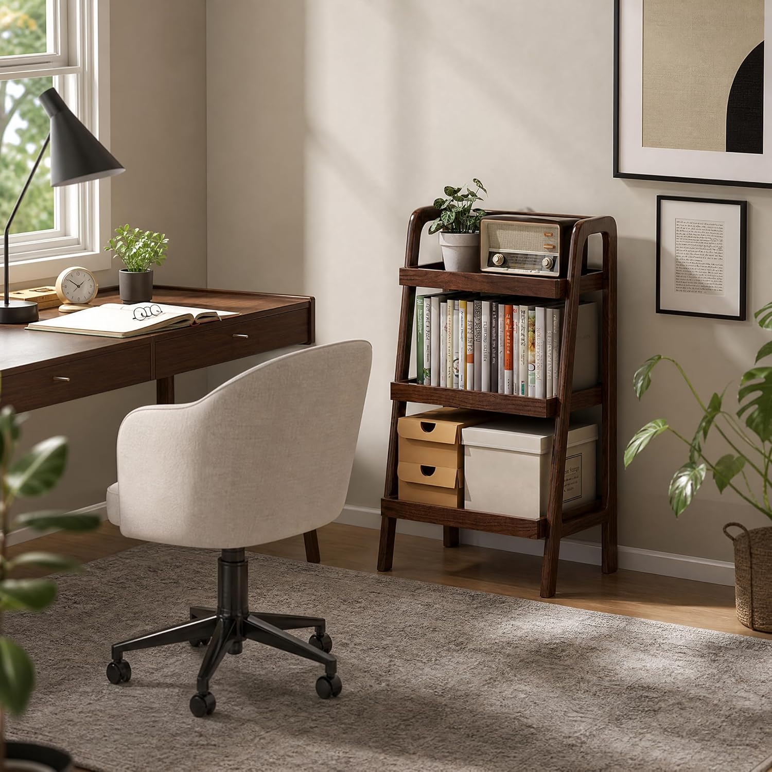 100% Solid Oak 3 Tier Ladder Shelf, Small Bookshelf, Ladder Bookshelf, Bookcase with Stable Frame, Small Table for Living Room Bedroom(Walnut, 12.6" L x 17.72" W x 31.5" H)
