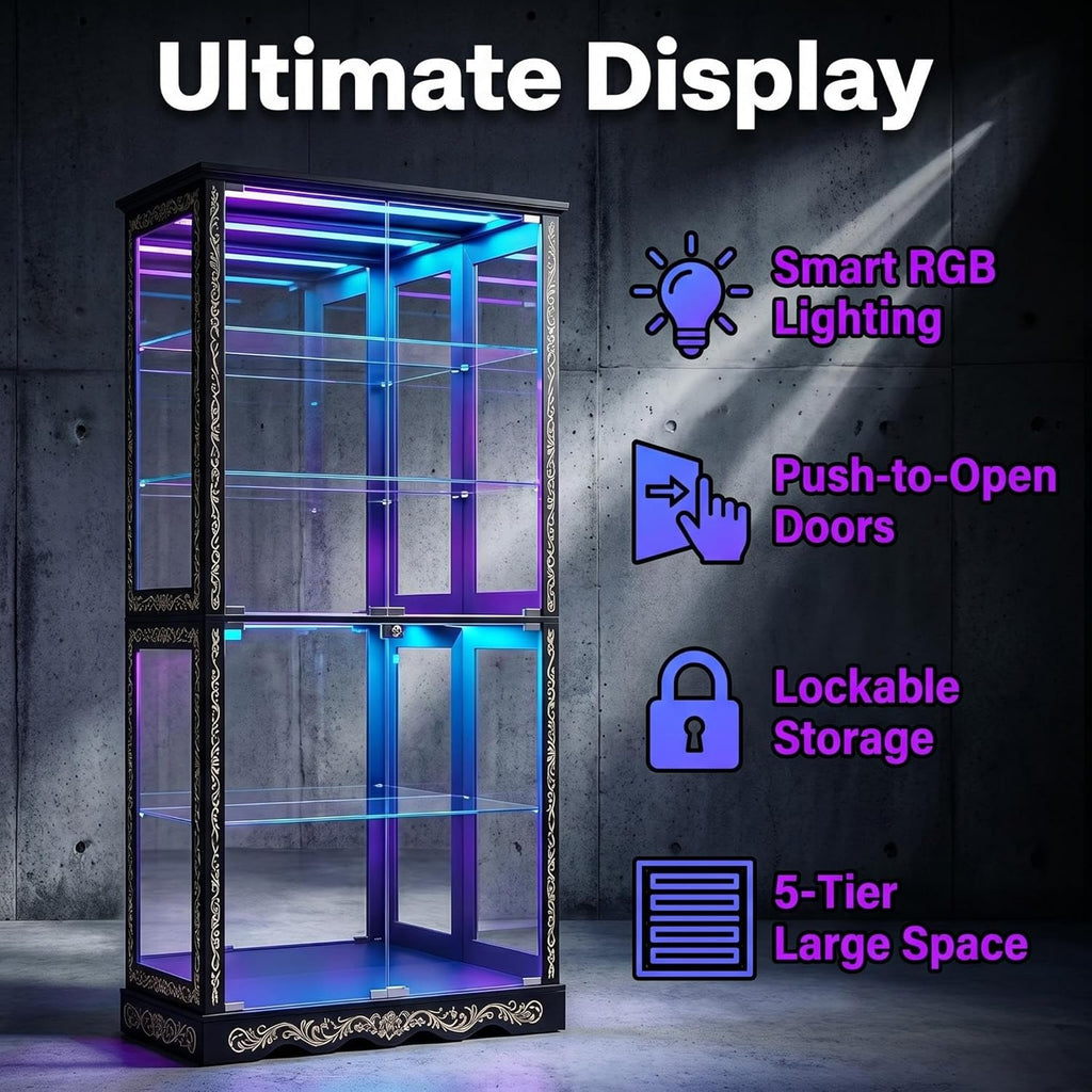 71" Tall Glass Door Display Cabinet, Curio Cabinet with RGB LED Lights, Lockable Showcase, Removable Shelves, for Collectibles, Figures, Medals and Books (2, Black)