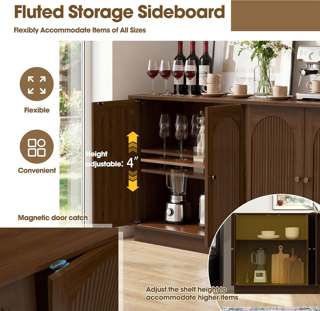 63" Buffet Sideboard Cabinet with Storage, Modern Credenza w/4 Fluted Arched Doors & Adjustable Shelves, Wood Accent Cabinet Coffee Bar Console Table for Living Room Kitchen (Walnut)