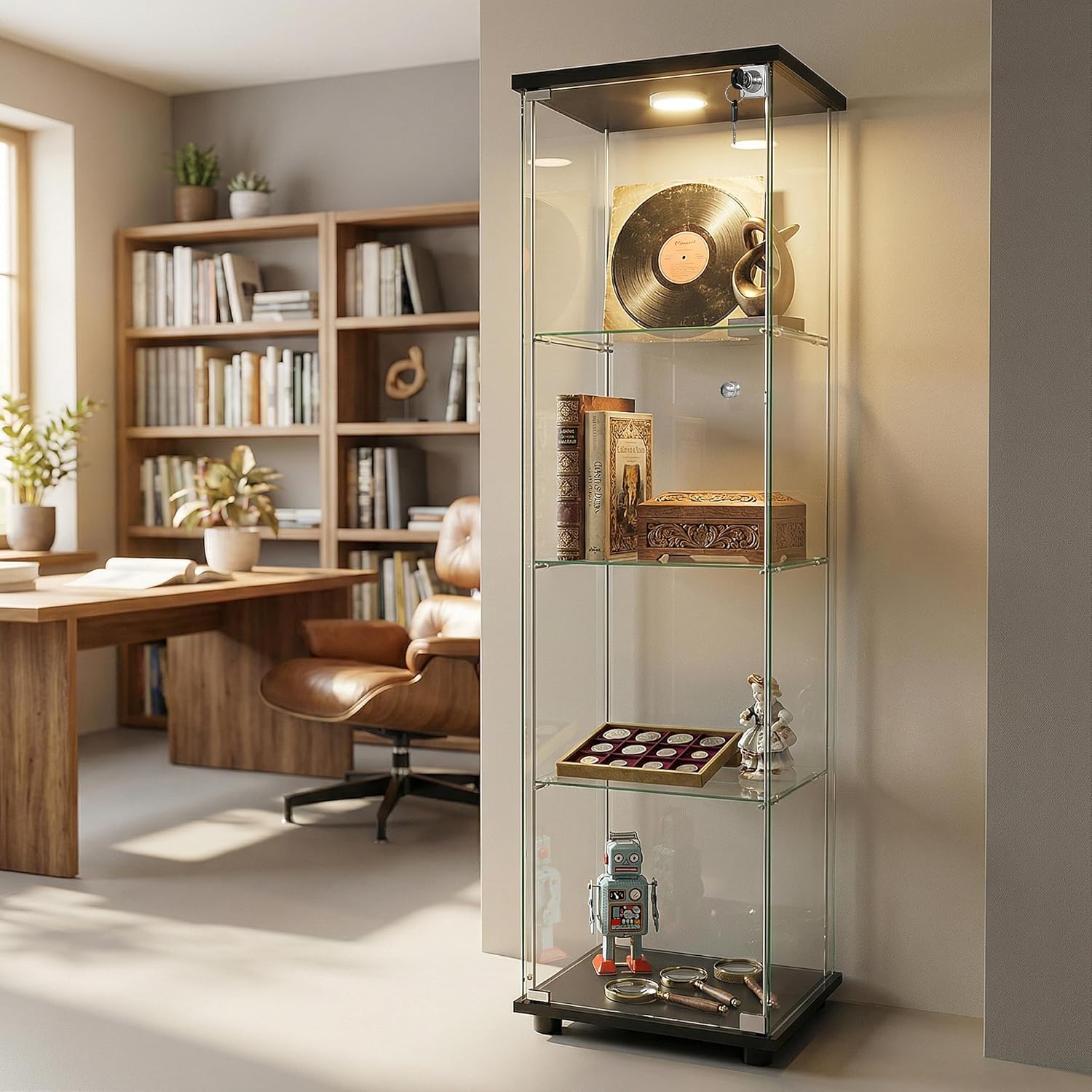 Display Cabinet with Glass Door and LED Light, 4-Shelf Glass Display Case, Curio Cabinet for Collectibles/Toys/Books,Black 64.6" H X 13.6" W X 15.7" L