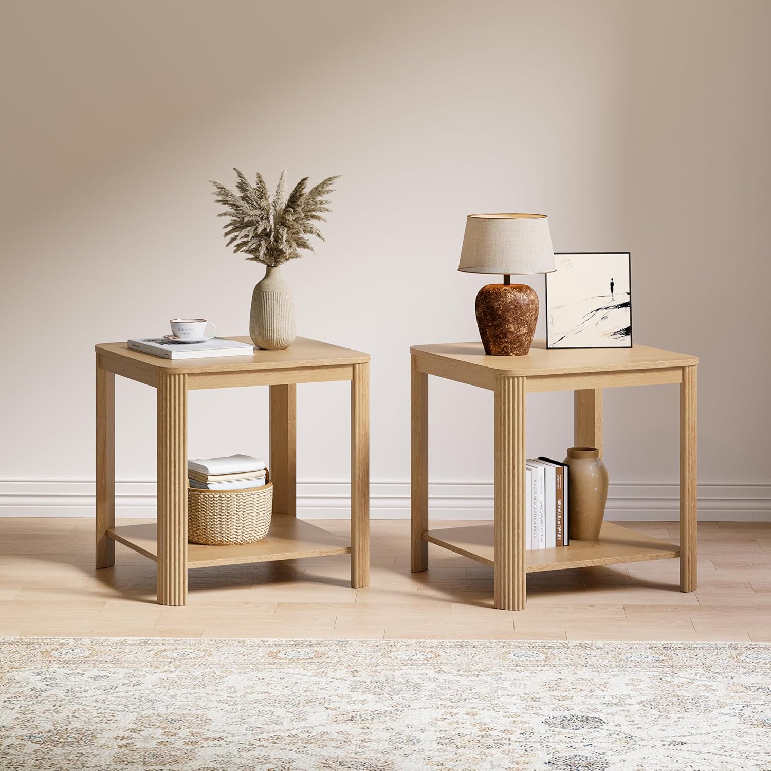 Rounded Corner End Tables Set of 2 – 22.1'' Square Nightstand with Vertical Wave Grain Legs, 2-Tier Boho Side Table for Living Room, Bedroom & Home Office (Oak)