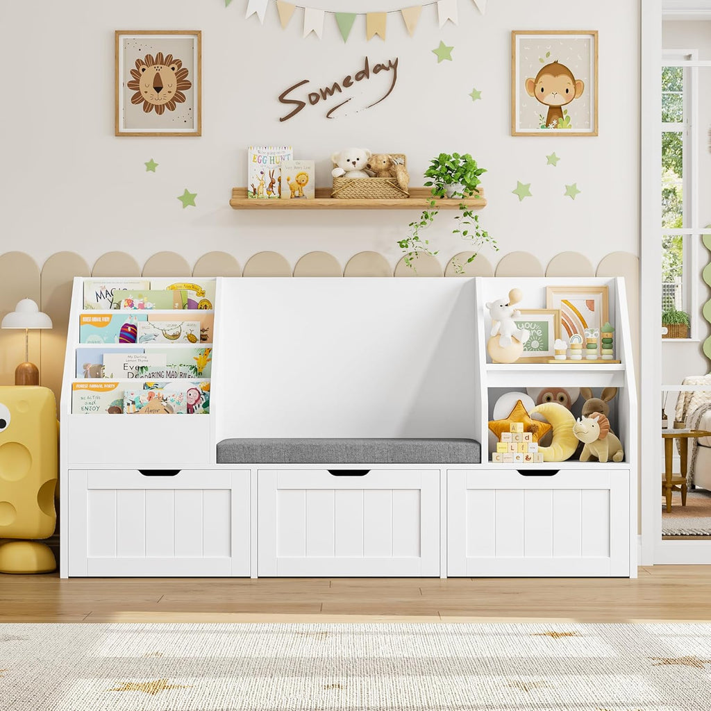 FOTOSOK 55.1’’ Kids Bookshelf with Reading Nook, Toy Storage Organizer with Seat Cushion and 3 Movable Drawers, Kids Reading Nook Toy Organizers and Storage with Bench for Playroom, Bedroom, White