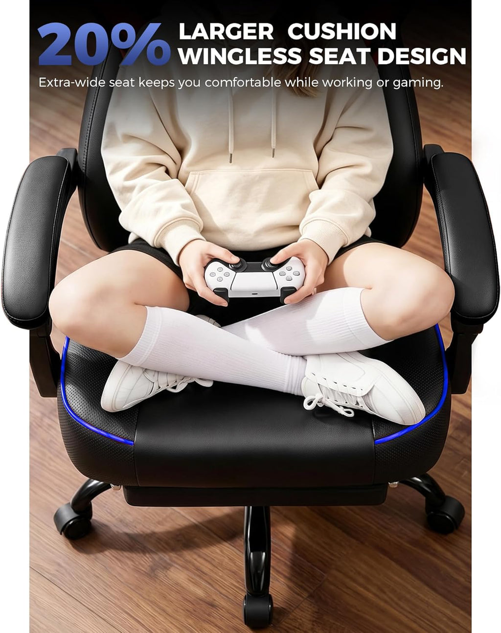 GTPLAYER Big and Tall Gaming Chair with Footrest, High Back Ergonomic Office Chair for Adults, Heavy Duty 350 lbs Capacity, Premium Leather & Iridescent Trim, ACE-Armor, Blue