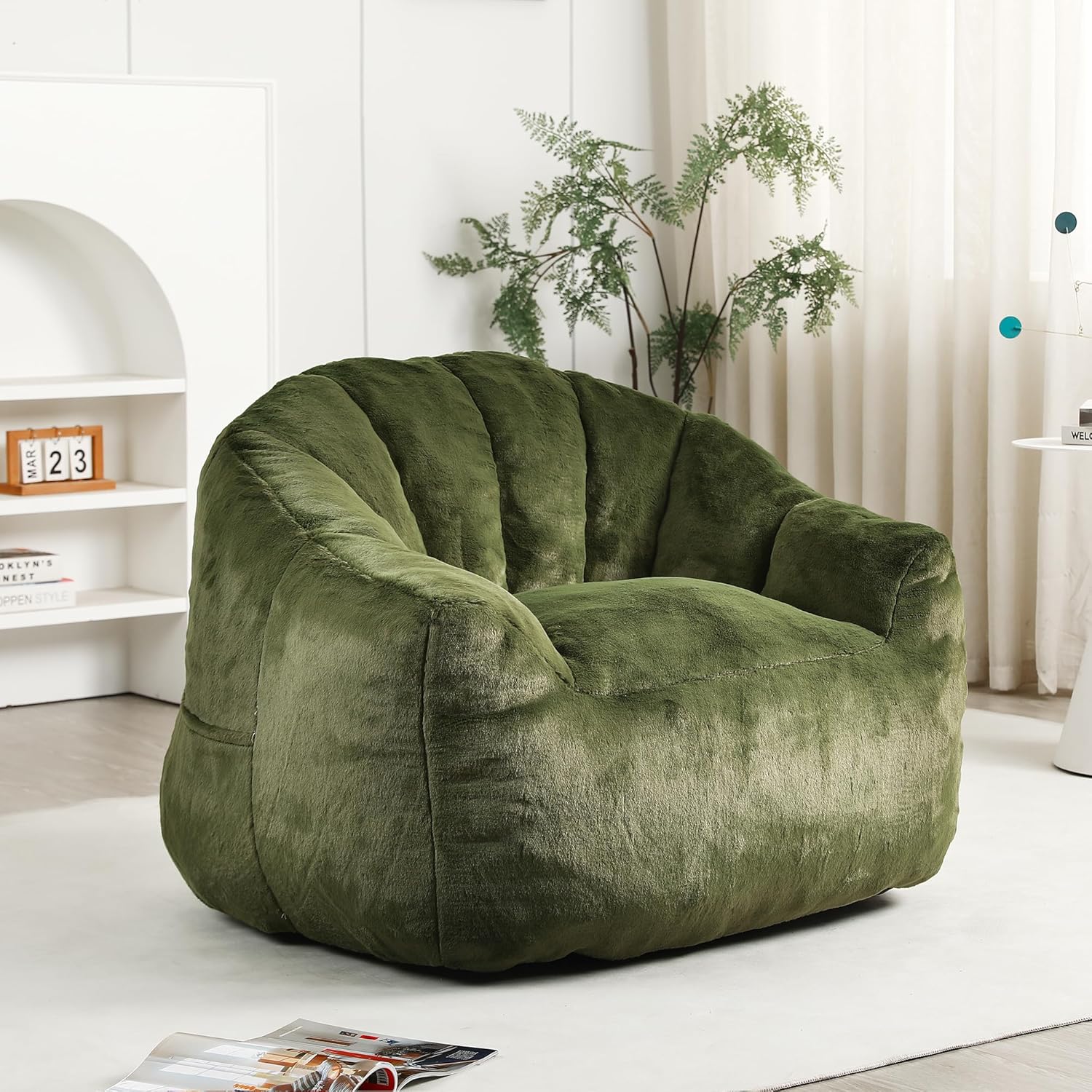 Setawix Giant Bean Bag Chair with Filler, Comfy Faux Fur Bean Bag Chairs for Adults and Kids, Lazy BeanBag Sofa Stuffed Floor Sofa with Memory Foam for Bedroom Apartment Living Room,Green