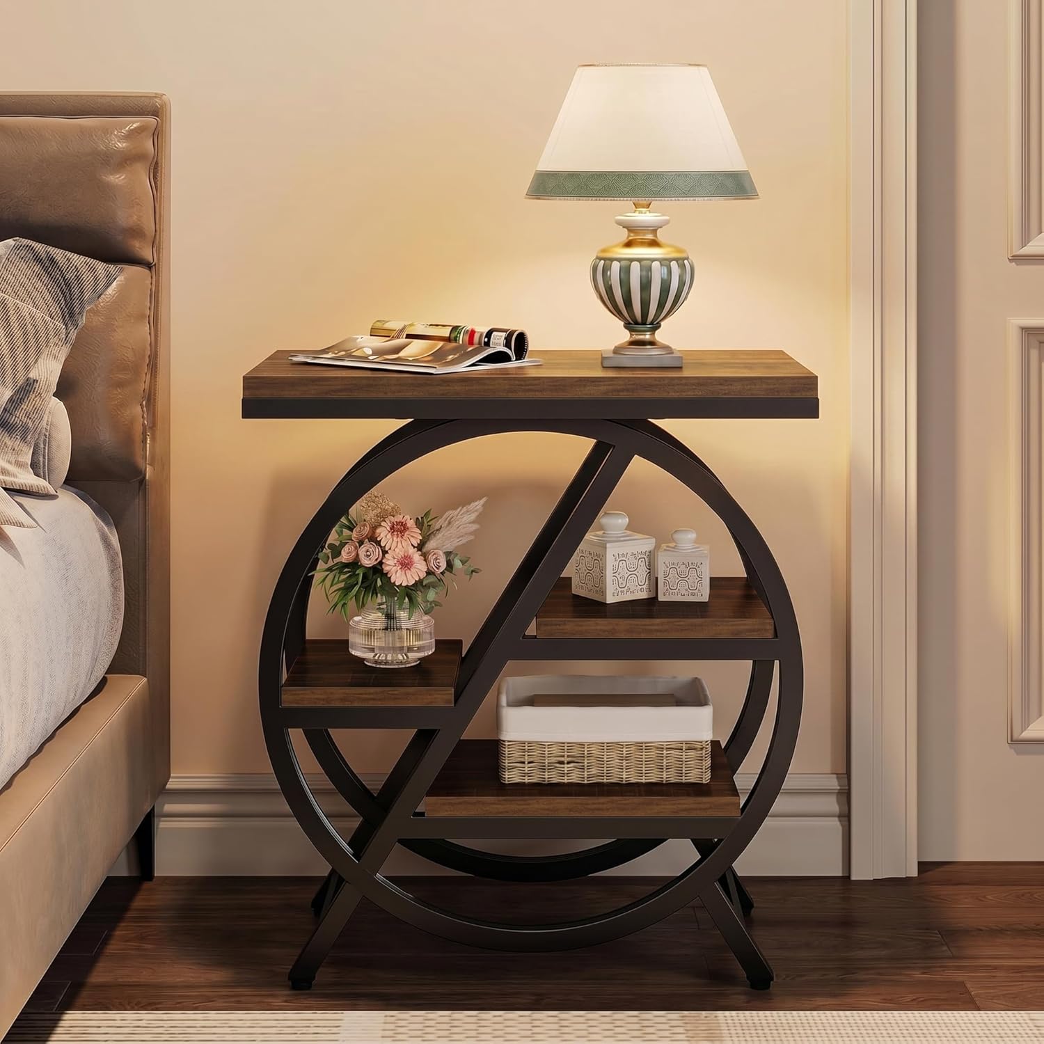 Tribesigns Side Table for Living Room, 4-Tier Narrow End Table with Storage, Industrial Wooden Beside Tables with Geometric Metal Frame, Nightstand for Small Spaces, Bedroom, Rustic Brown