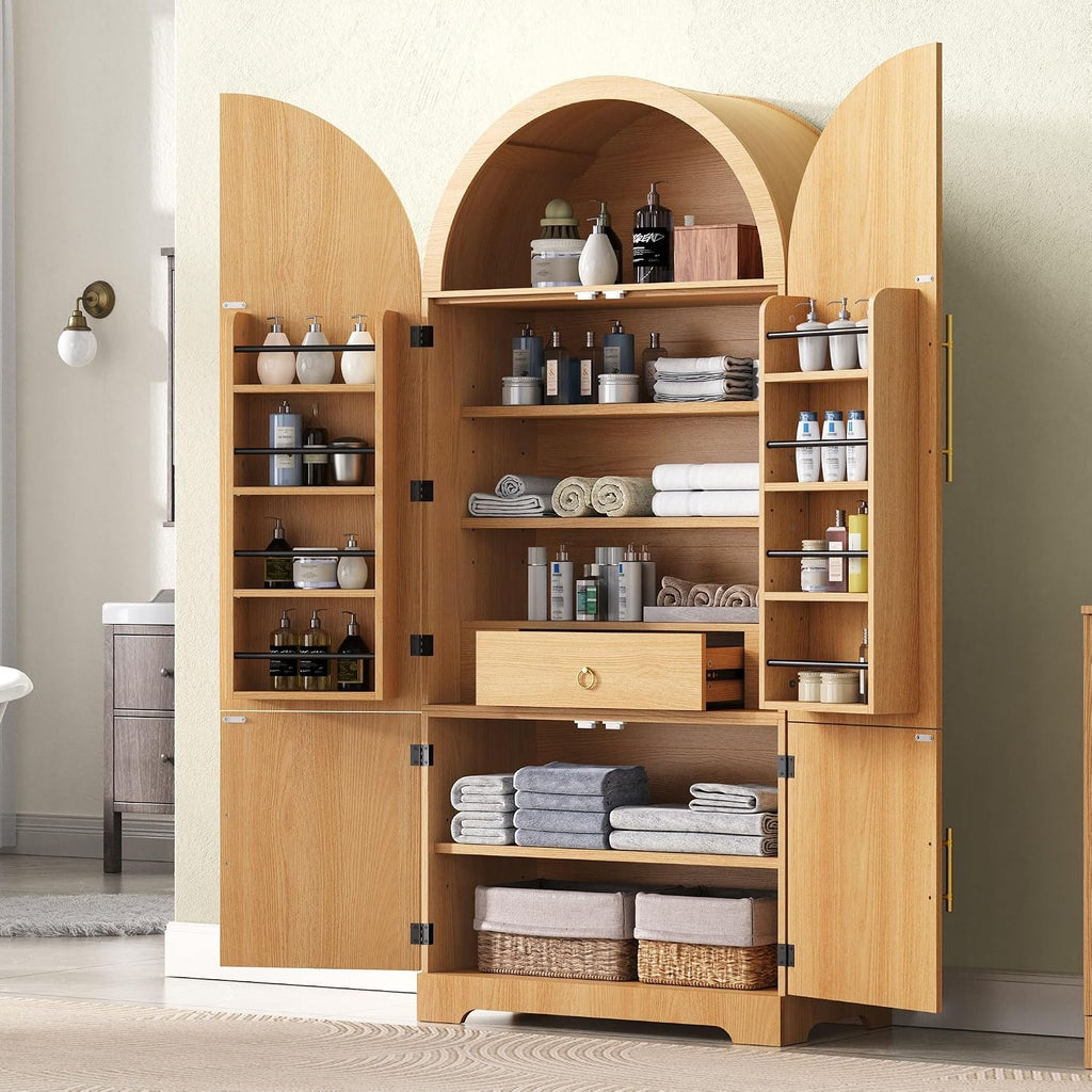 Tall Arched Kitchen Pantry Cabinet, Modern Fluted Wood Storage Cabinet with 8 Door Shelves, Adjustable Shelves and Hidden Drawer, Versatile Cupboard for Kitchen, Bathroom (Natural)