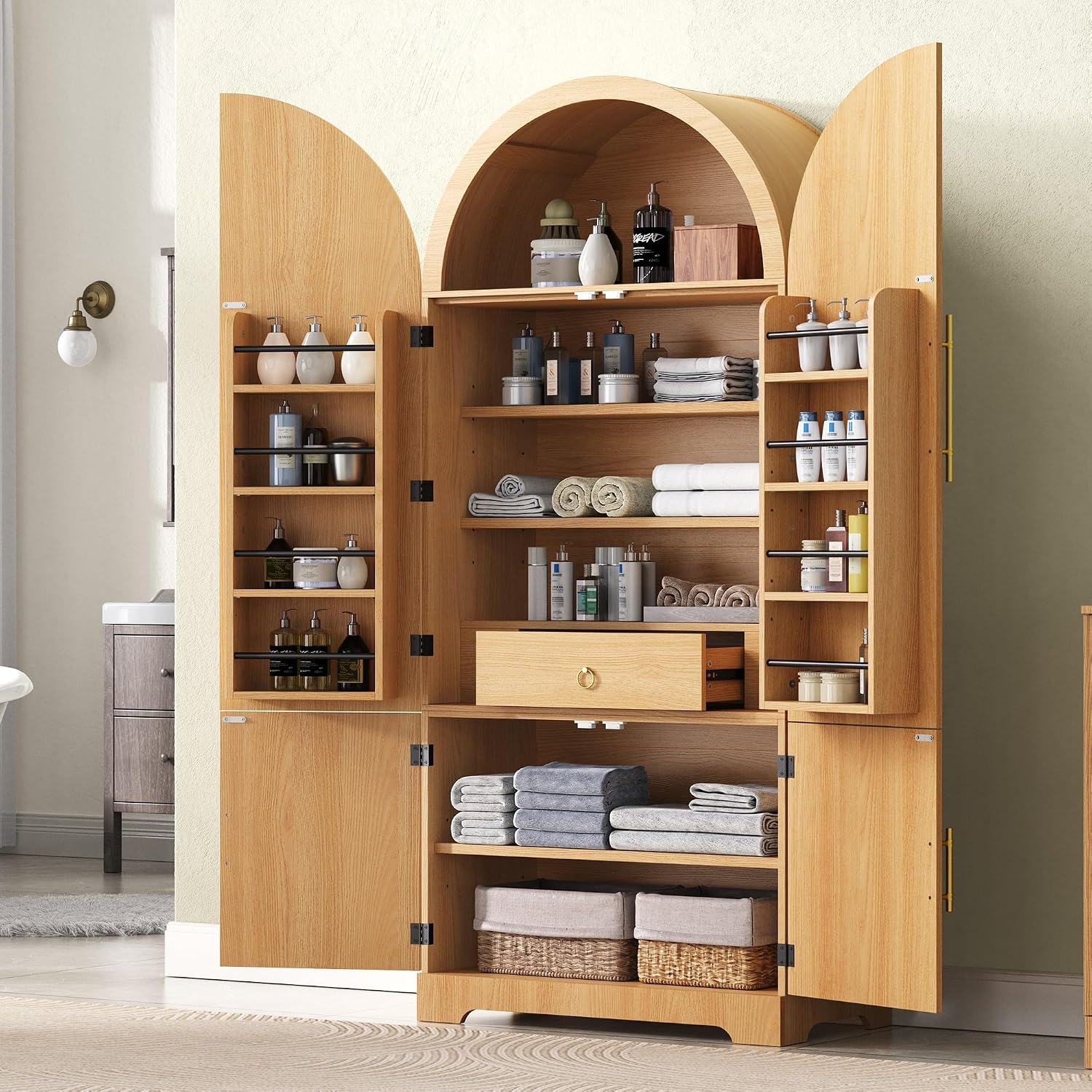 Tall Arched Kitchen Pantry Cabinet, Modern Fluted Wood Storage Cabinet with 8 Door Shelves, Adjustable Shelves and Hidden Drawer, Versatile Cupboard for Kitchen, Bathroom (Natural)