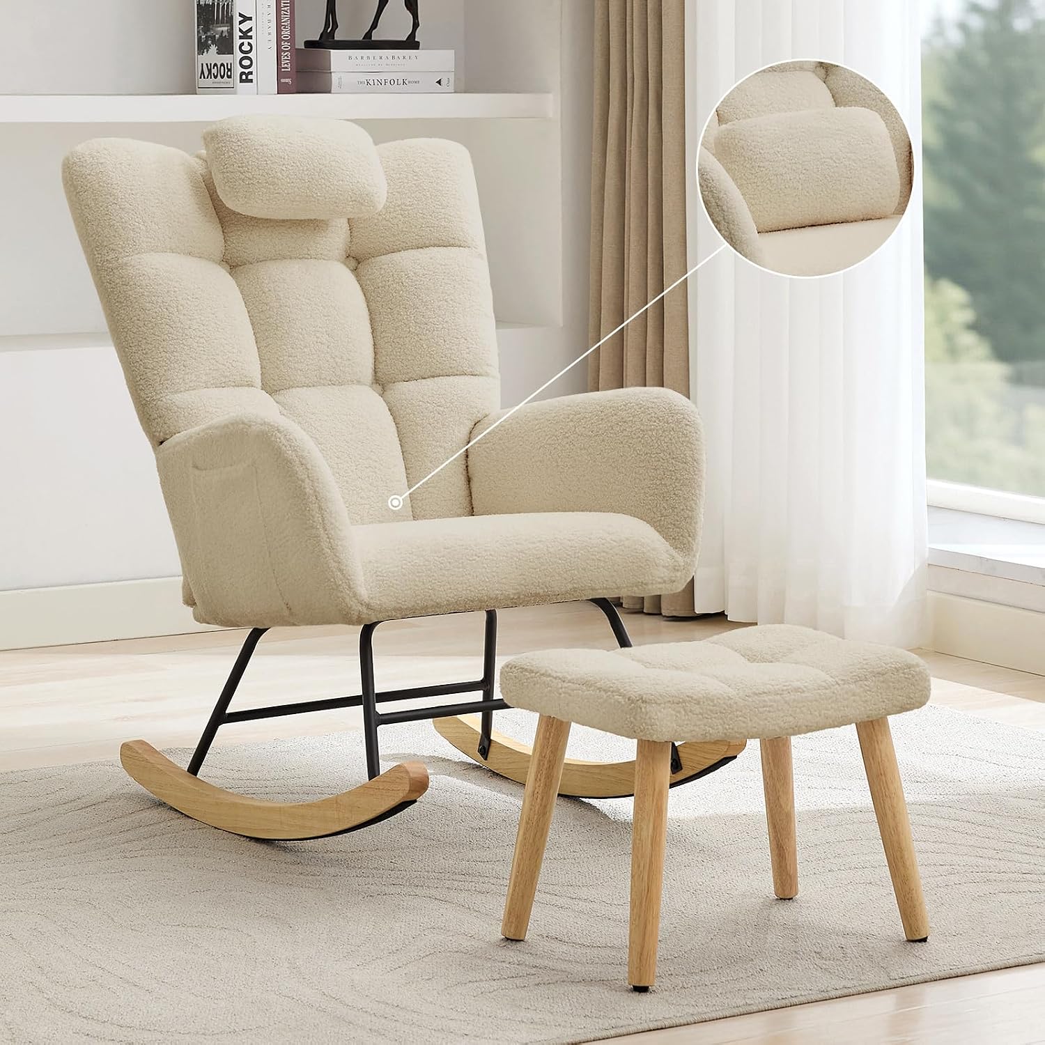 Garvee Nursery Rocking Chair with Ottoman, Teddy Upholstered Glider Rocking Chair with High Backrest, Armchair Reading Chair for Adults, Nursery, Bedroom, Living Room, Office, Beige with Ottoman