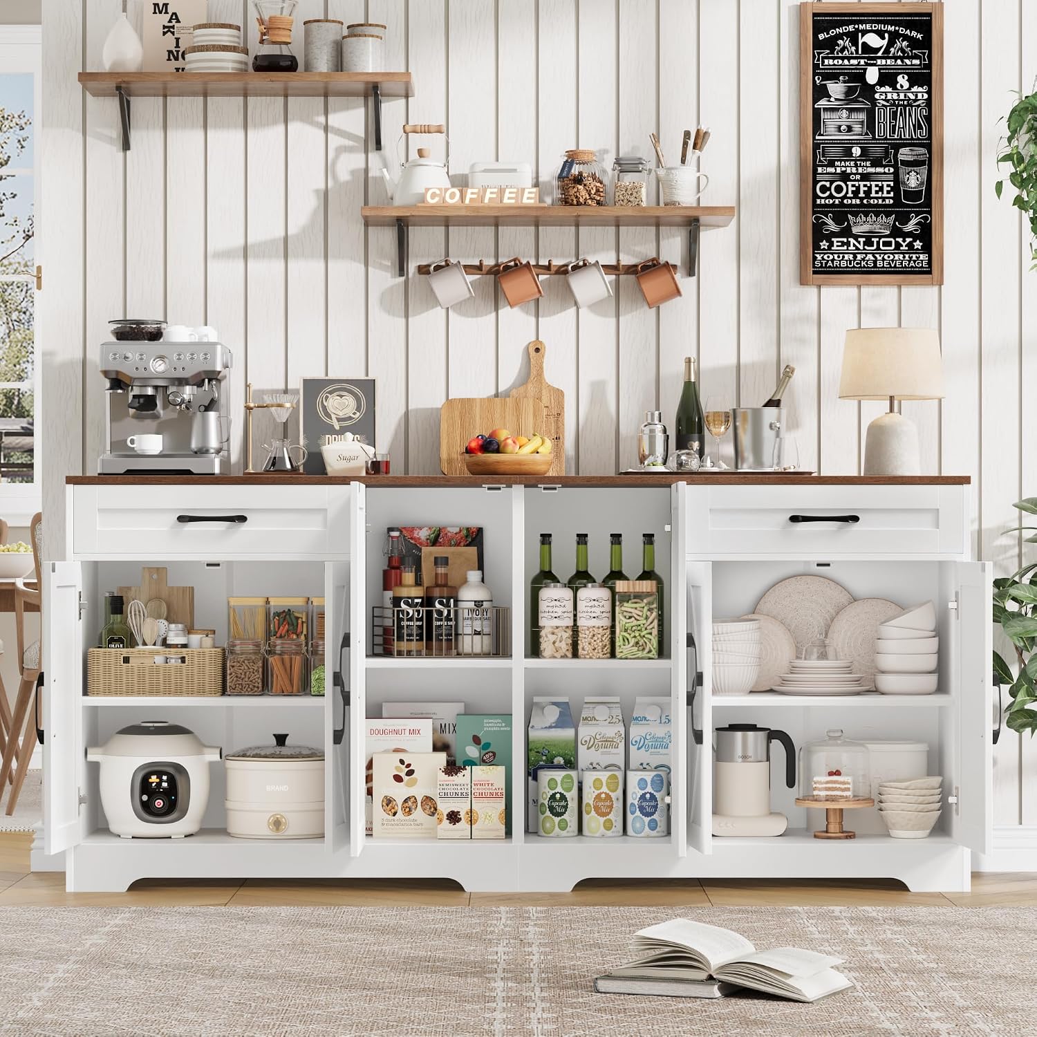 BOTLOG 2PCS Kitchen Cabinets, 71” Large Sideboard Buffet Cabinet with Storage, 72" Tall Pantry Cabinet with Microwave Stand, Wood Coffee Wine Bar Console Table for Kitchen, Dining Room, White