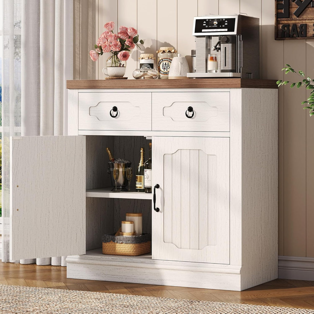 LIKIMIO Buffet Cabinet with 2 Drawers, 32" Sideboard Buffet Storage Cabinet with Doors and Shelves, Farmhouse Coffee Bar Station Kitchen Cabinet for Dining Room, Living Room, Entryway, White