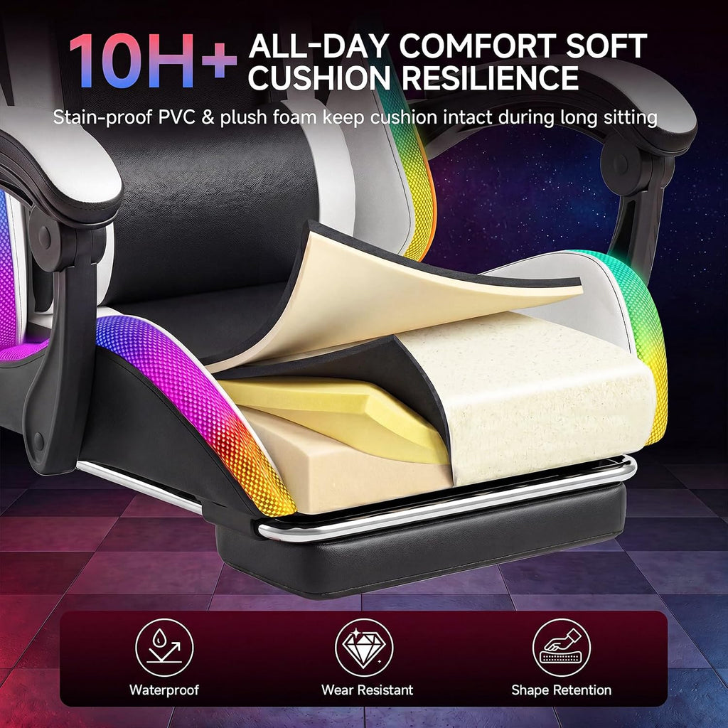 RGB LED Gaming Chair with Speakers & Footrest - Ergonomic High Back Racing Style Video Game Chair, Reclining Computer Desk Chair with Massage Lumbar Support & Headrest, 350lbs Heavy Duty