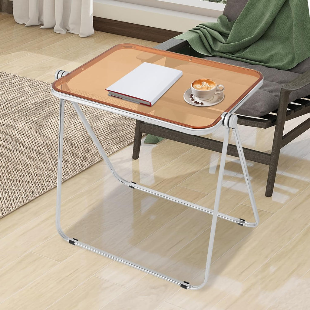 Clear Foldable Side Table, Folding TV Tray Table, Portable Tiny Desk, Small Computer Desk, Space-Saving Side Tables for Home Office (Clear Tea Color)