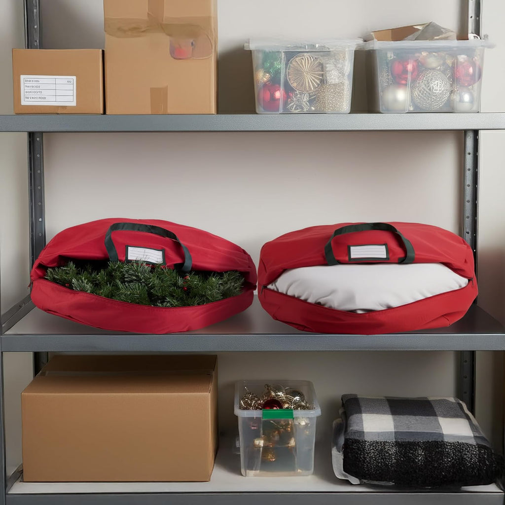 Wreath Storage Bag Round 30" Holiday, Easter, Fall & Christmas Artificial Wreaths & Garland- Red Canvas Tote with Handles by Tiny Tim Totes