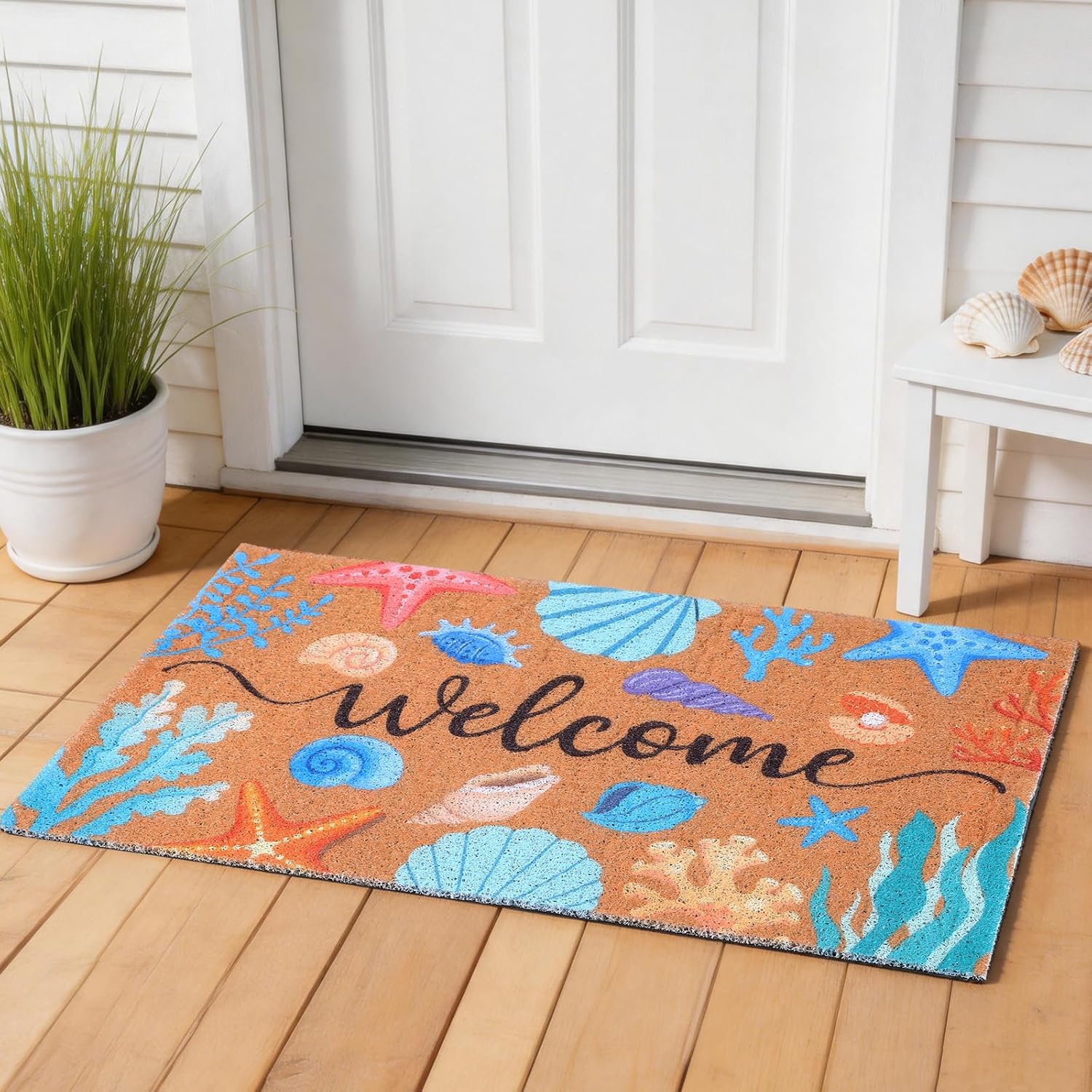 Booson 2 Pcs Welcome Mat Front Door Coastal Beach Coir Doormat Starfish Seashell Non Slip Entrance Door Rugs for Summer Outdoor Indoor Holiday Home Bathroom Decoration 29.5 x 15.8 inch