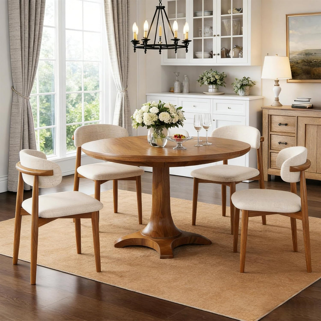 Wooden Dining Chairs Set of 4 Mid Century Modern Upholstered Farmhouse Dining Room Chair with Solid Wood Legs, Fabric Kitchen Side Chairs with Ergonomic Curved Backrest