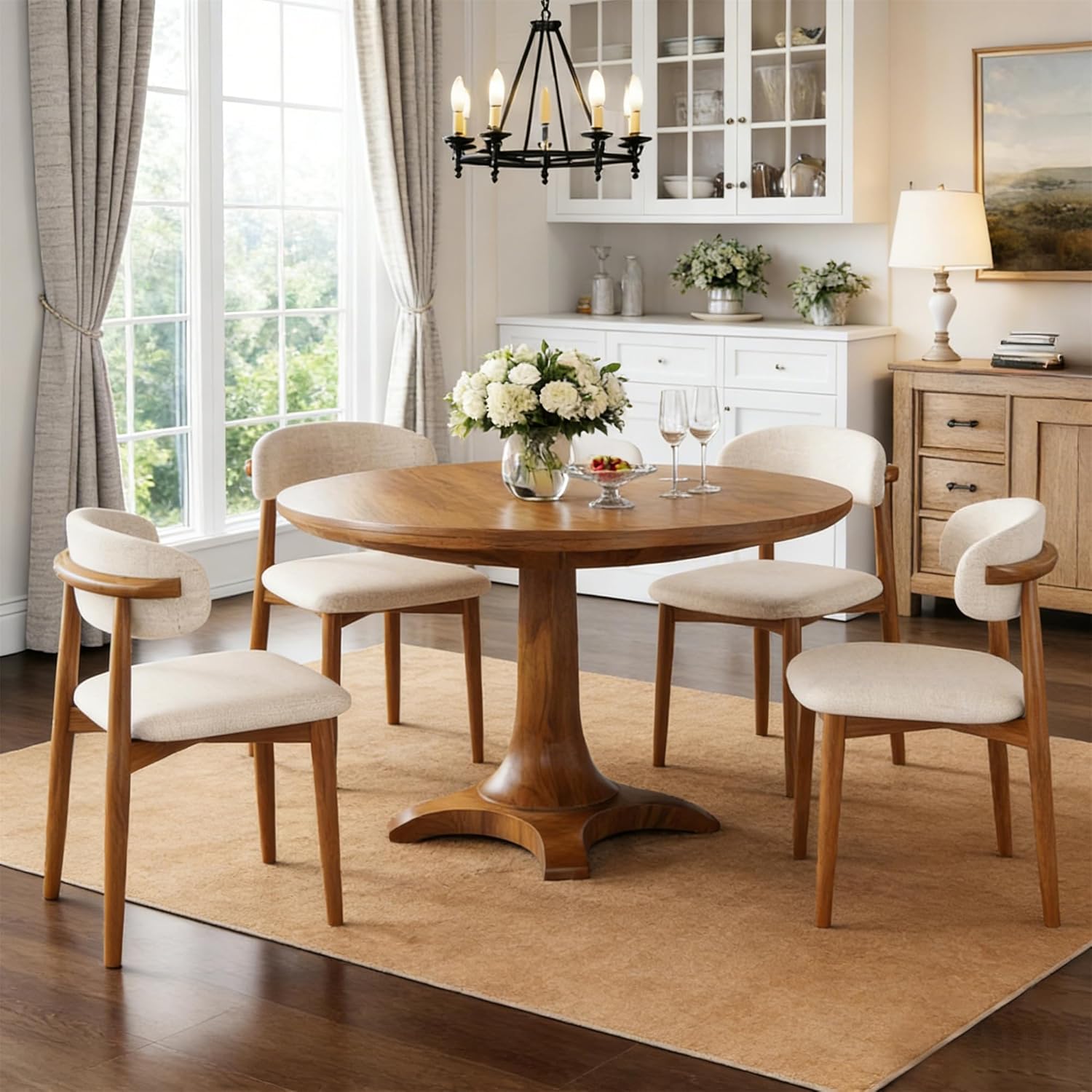 Wooden Dining Chairs Set of 4 Mid Century Modern Upholstered Farmhouse Dining Room Chair with Solid Wood Legs, Fabric Kitchen Side Chairs with Ergonomic Curved Backrest