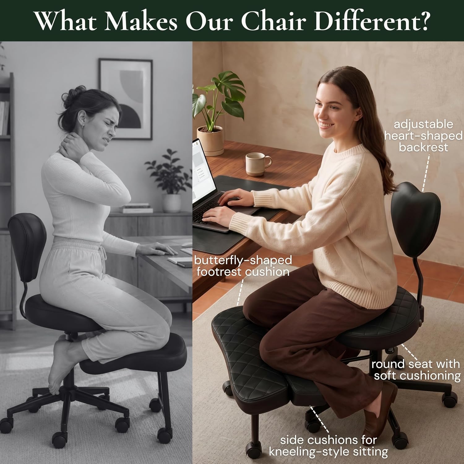 Ergonomic Cross Legged Office Chair with Foot Rest for Kneeling Seating - Crisscross Desk Chair with Wheels for ADHD to Sit Cross Legged - Multi-Position Adjustable Seat with Back Support for Women