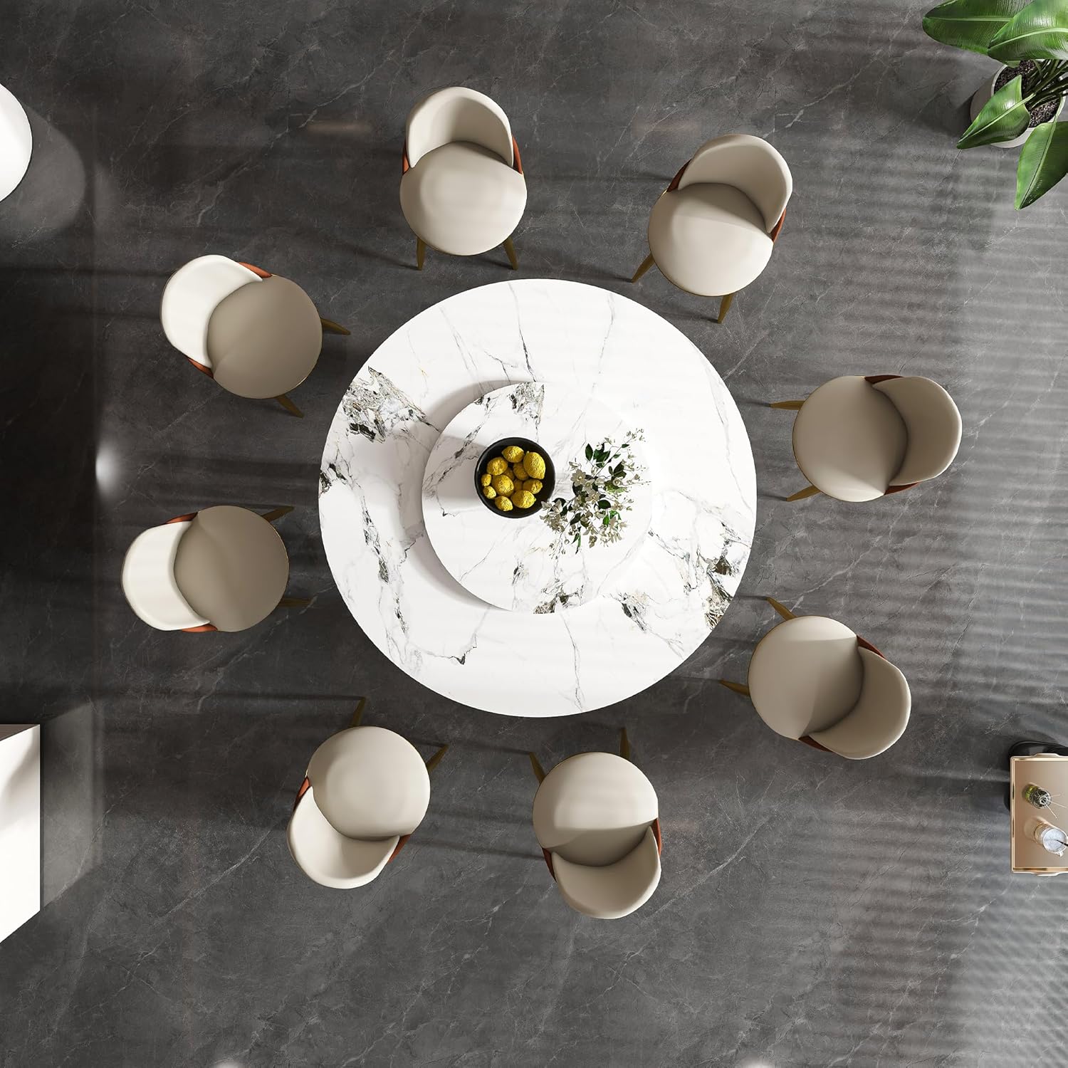 9-Pcs Round Dining Table Set with 31.5" Removable Lazy Susan, Modern Marble Dining Room Table Set of 8, Luxury 59" D Sintered Stone Dining Table with 8 Chairs and Stainless Steel Base for Home Kitchen