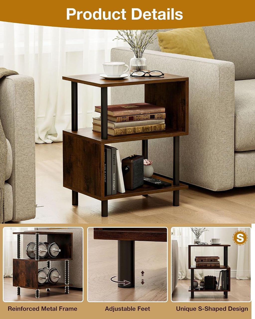 Frylr Small Side Table, End Table and Nightstand with 3-Tier Wood Shelves, Sturdy Metal Frame with 44 LBS Capacity per Shelf, Easy to Assemble for Living Room or Bedroom,Rustic Brown